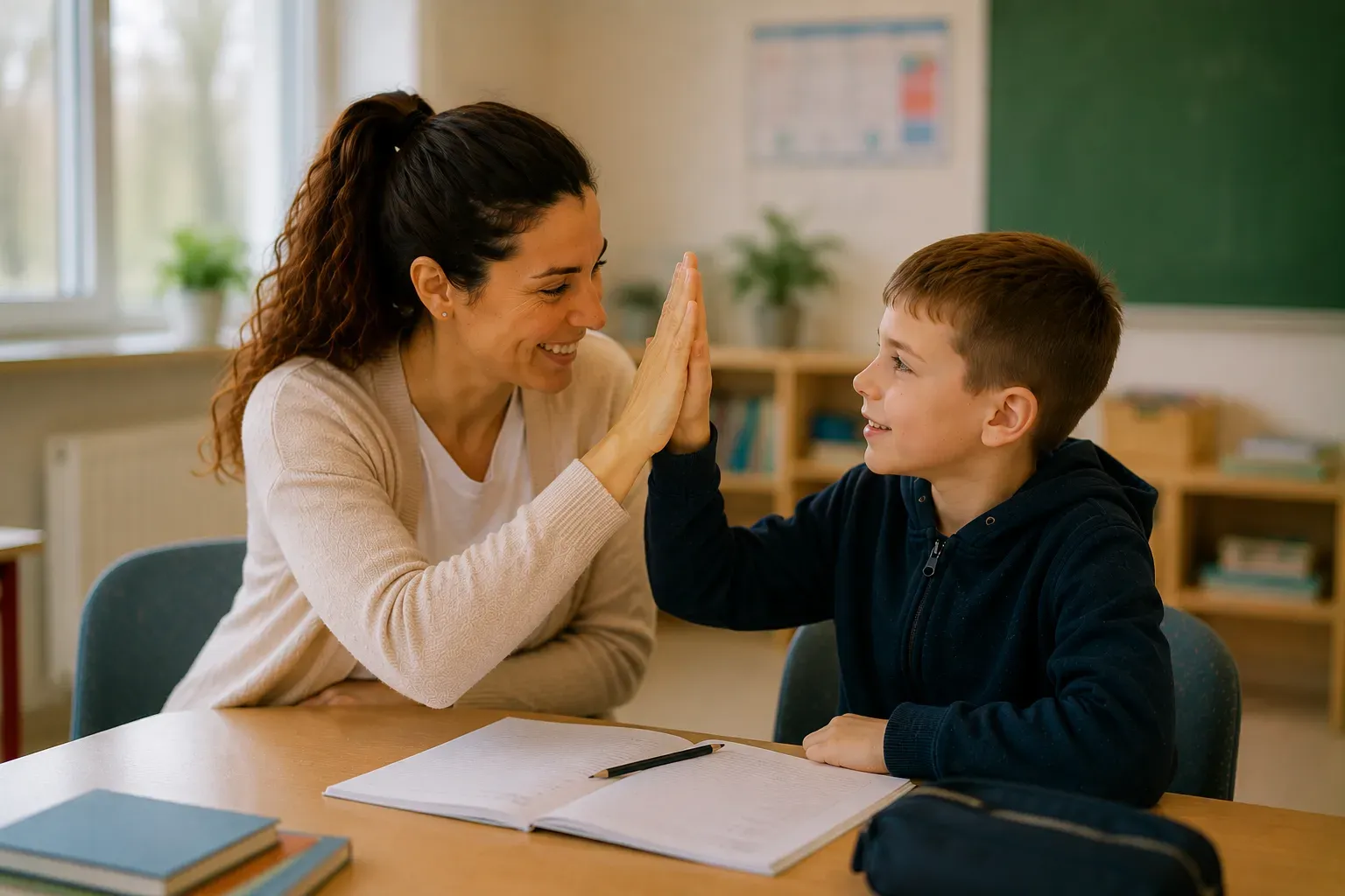 Ermutigende Begleitung eines Kindes im Klassenzimmer