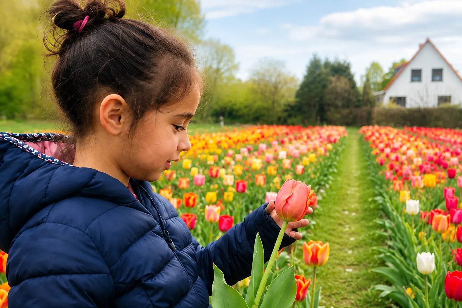 Ein Kind betrachtet aufmerksam eine Tulpe in einem bunten Tulpenfeld.