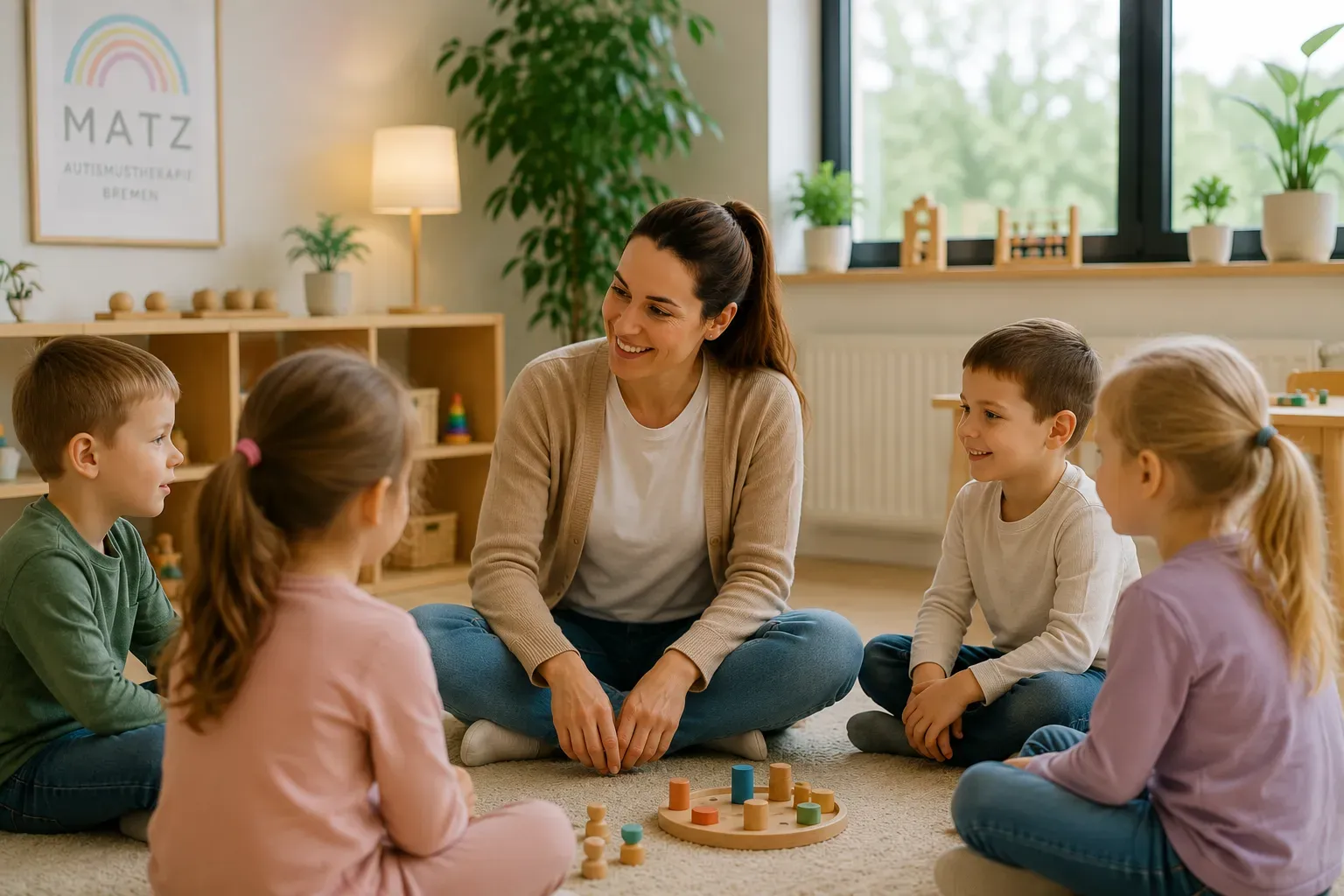 Heller Gruppenraum mit Kindern und Spielmaterial