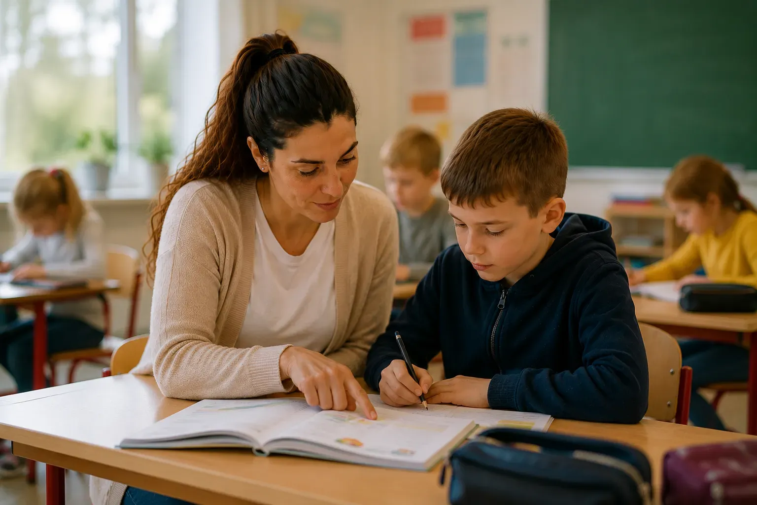 Begleitperson hilft einem Schüler am Platz